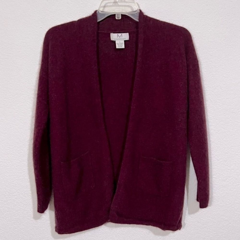 Magaschoni Merlot Wine Burgundy Open Front Cashmere Cardigan Pockets Small